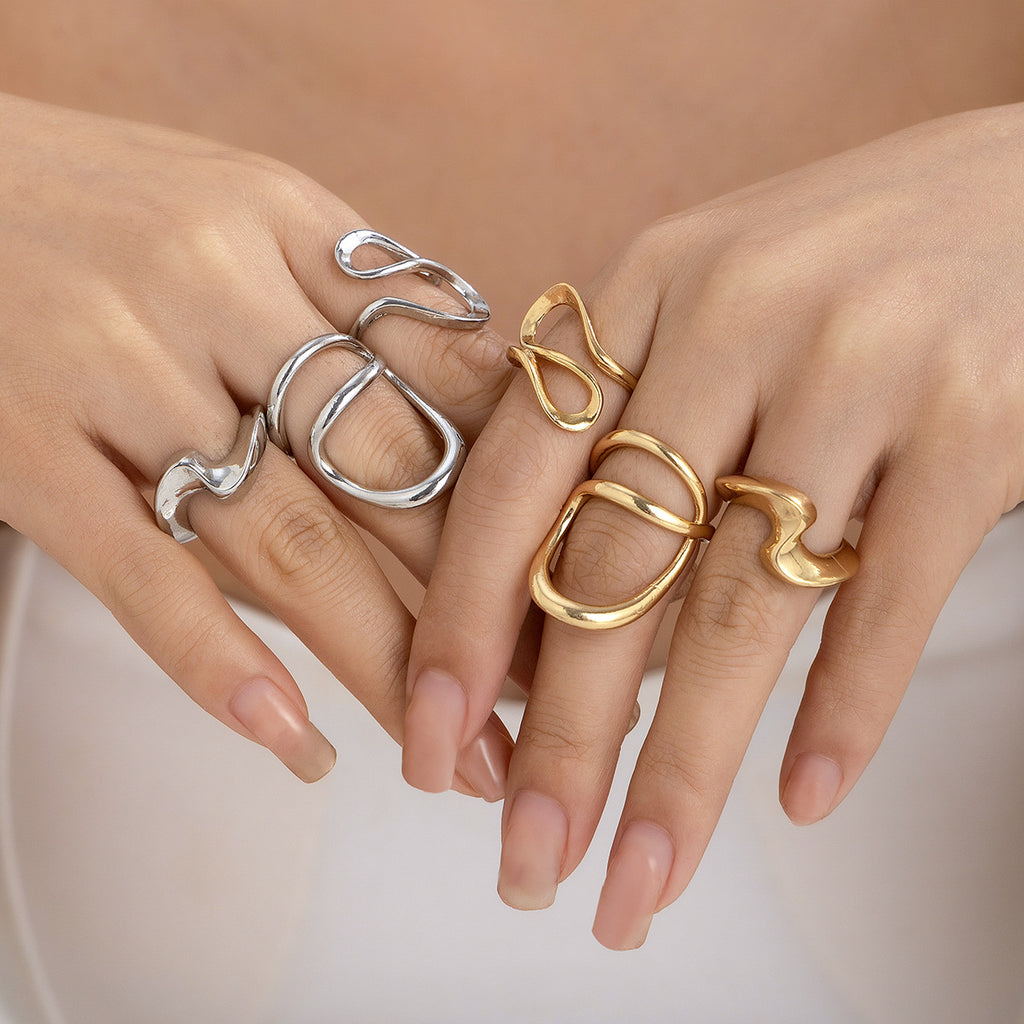 Simple And Irregular Lava Open-end Polished Ring Suit
