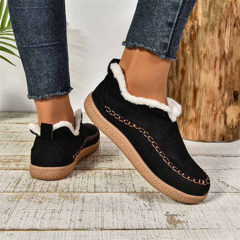 Women’s V-cut plush ankle boots, warm suede winter snow shoes.