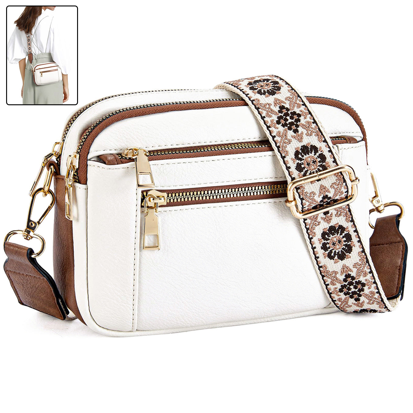 Women’s triple-zip colorblock crossbody bag with embroidered strap.