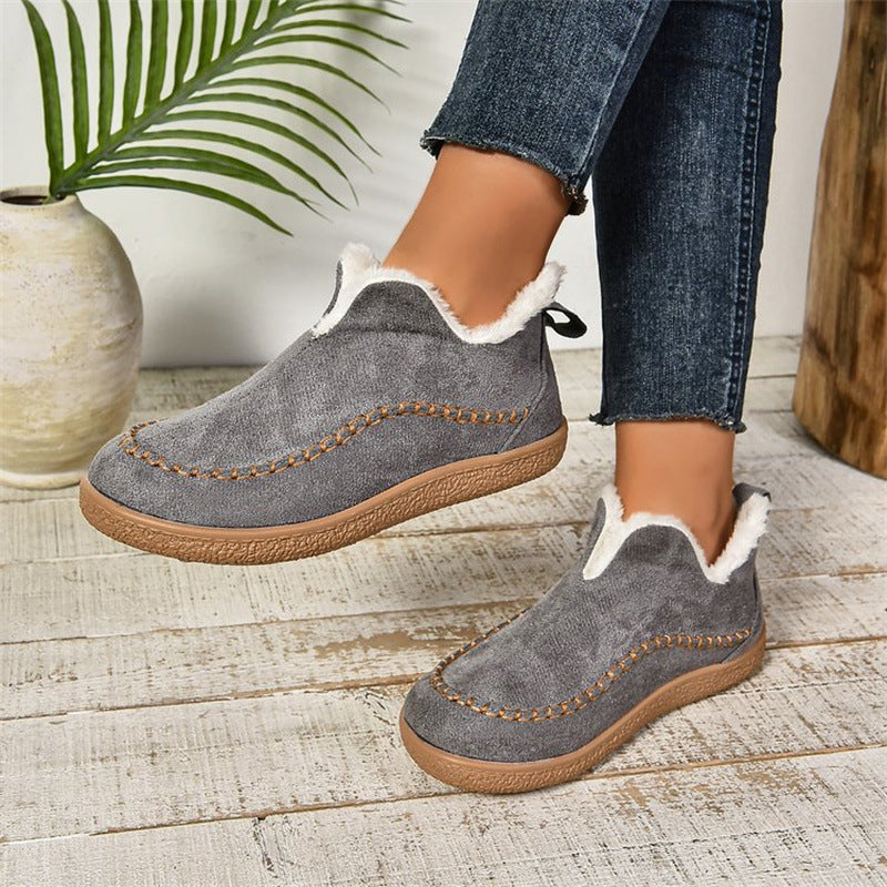 Women’s V-cut plush ankle boots, warm suede winter snow shoes.