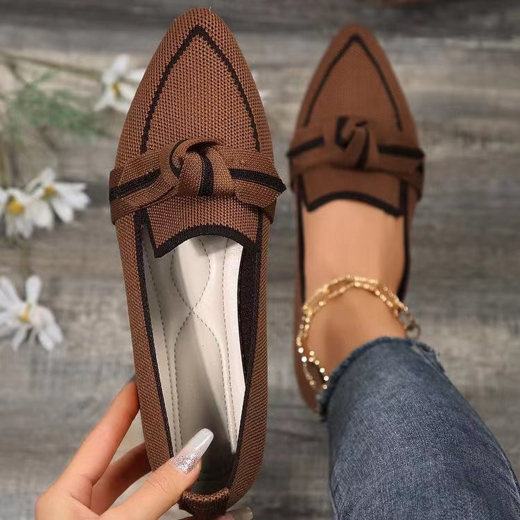Women’s pointed-toe bow slip-on flats, breathable summer style.