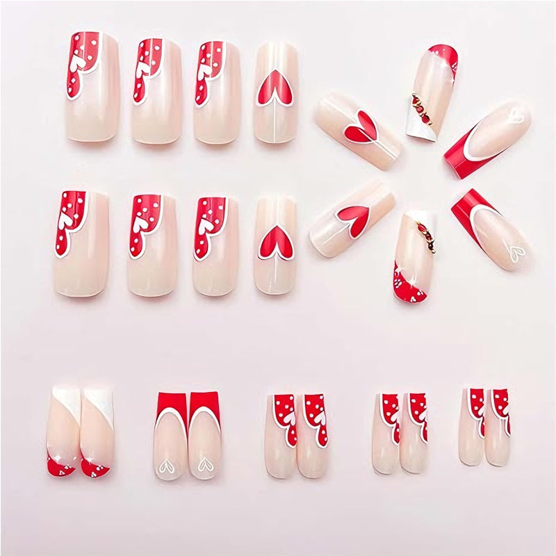 24pcs Red White Heart Nails
