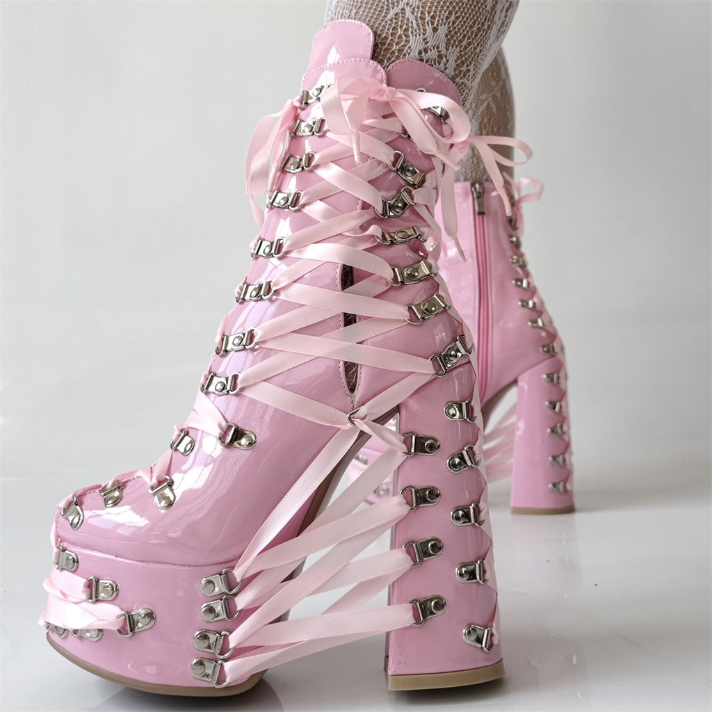 Climbing-carabiner Lace-up Punk Chunky-heeled Womens Ankle Boots