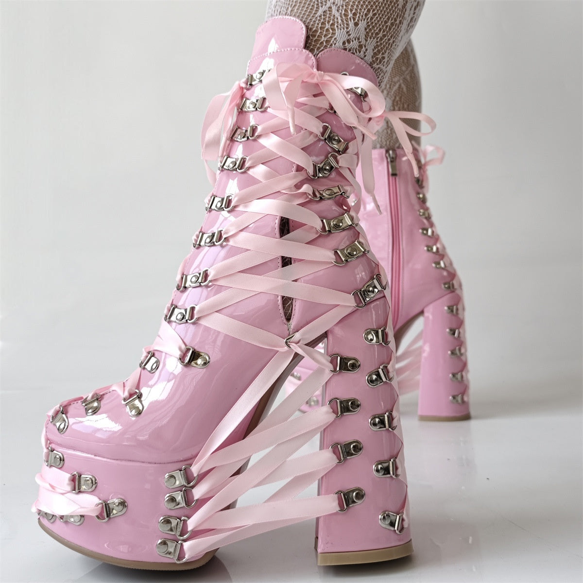 Climbing-carabiner Lace-up Punk Chunky-heeled Womens Ankle Boots