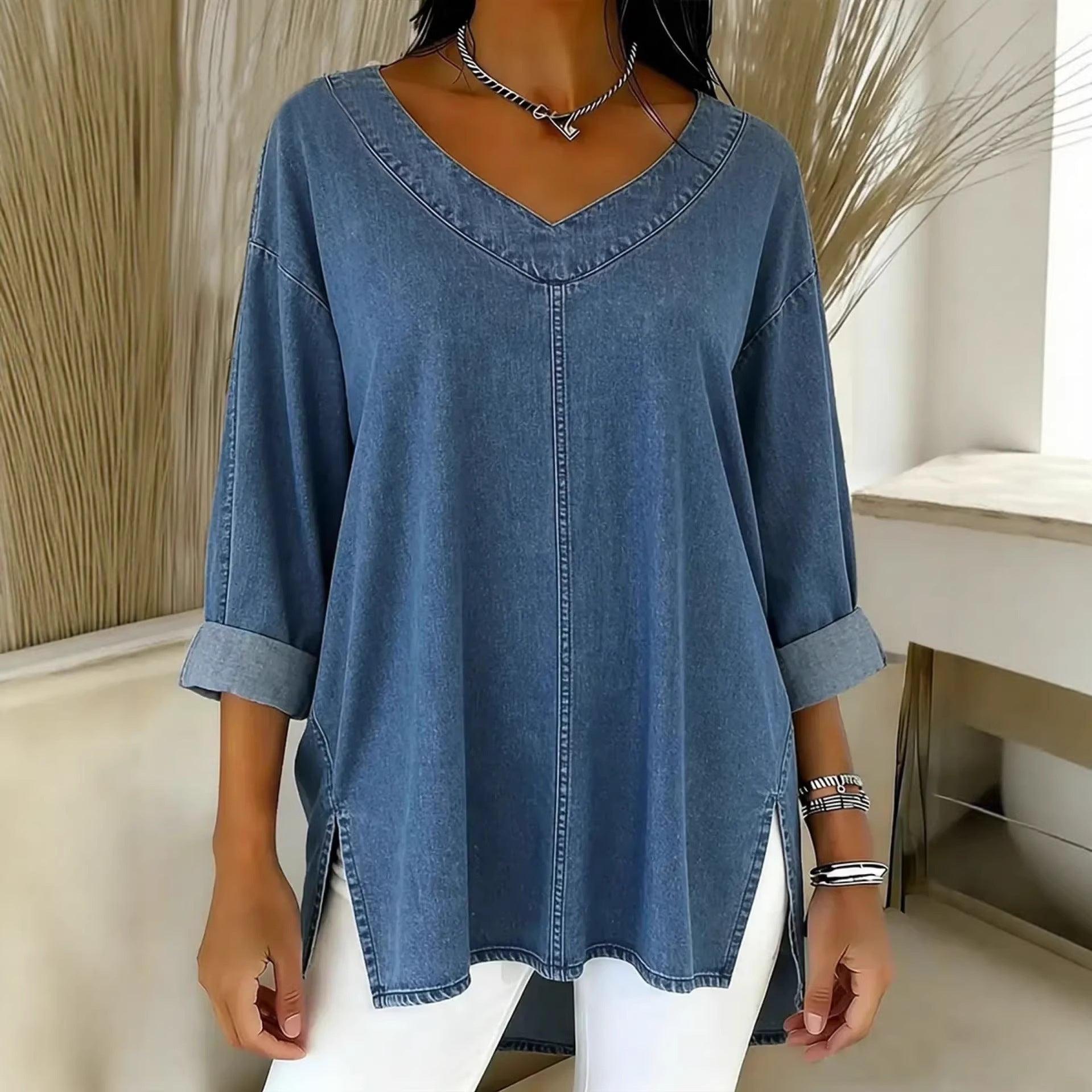 Female Solid Color Casual Street-Style Denim V-Neck Top