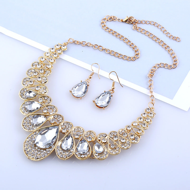 Metal Necklace Earrings Set gem diamond drop bride accessories