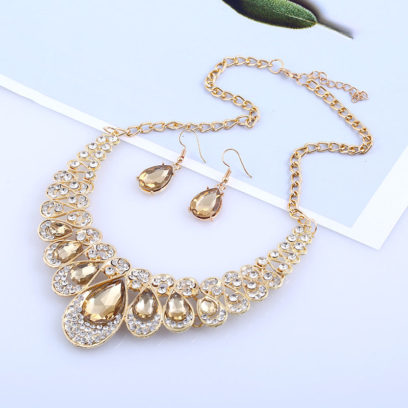 Metal Necklace Earrings Set gem diamond drop bride accessories