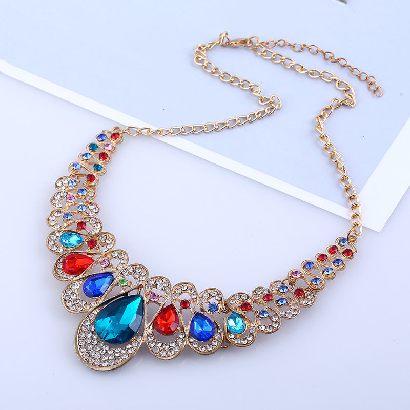 Metal Necklace Earrings Set gem diamond drop bride accessories