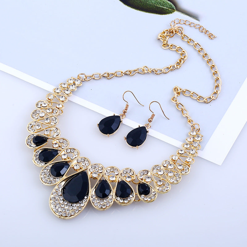 Metal Necklace Earrings Set gem diamond drop bride accessories