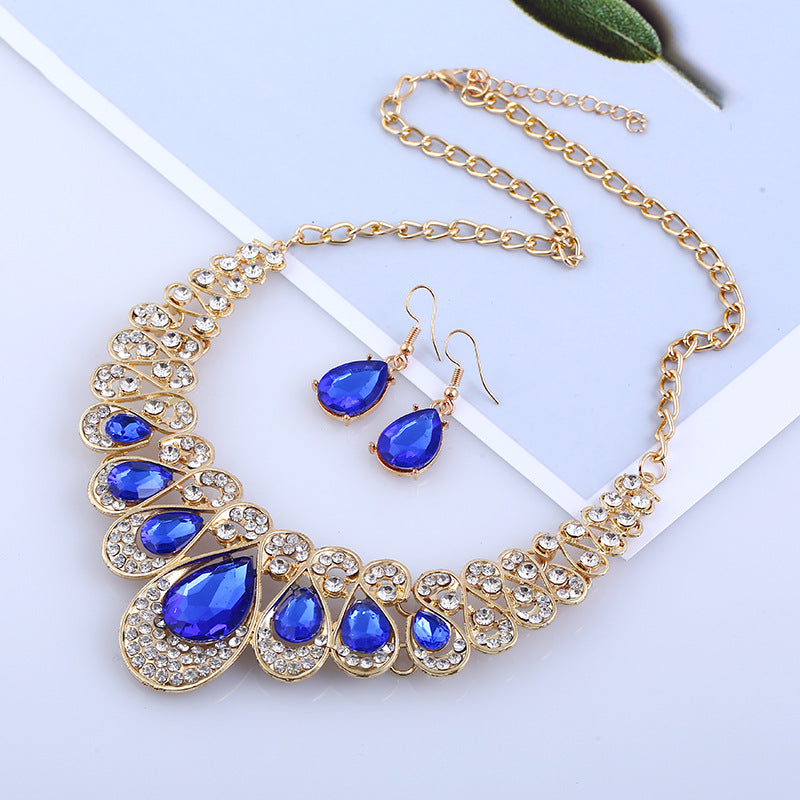 Metal Necklace Earrings Set gem diamond drop bride accessories