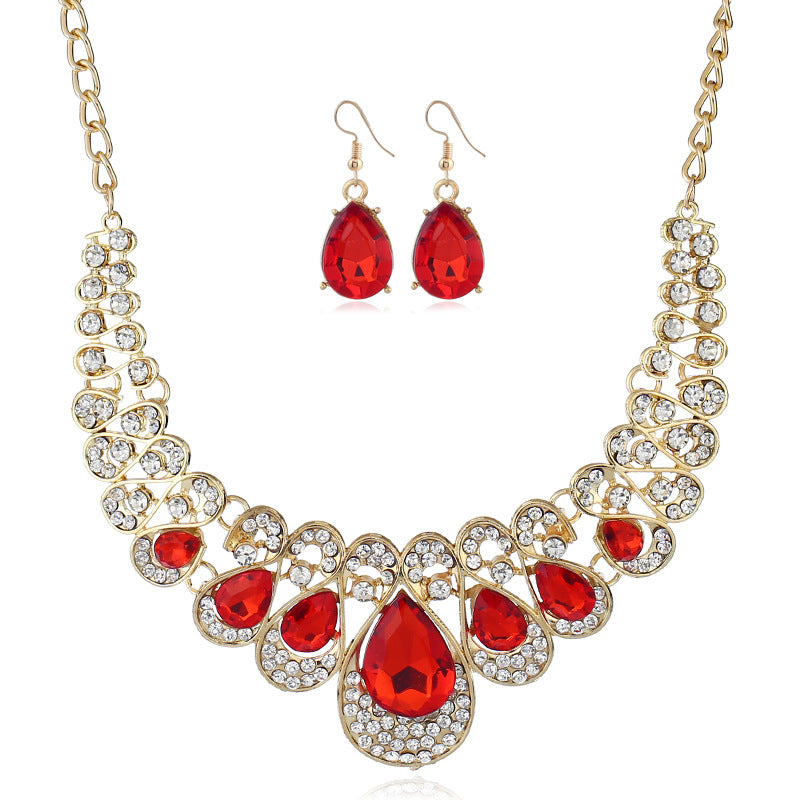 Metal Necklace Earrings Set gem diamond drop bride accessories