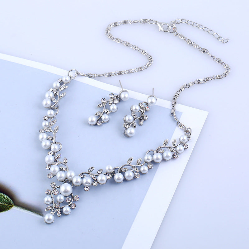 chain set sweet temperament all-match pearl diamond earrings necklace bride suit