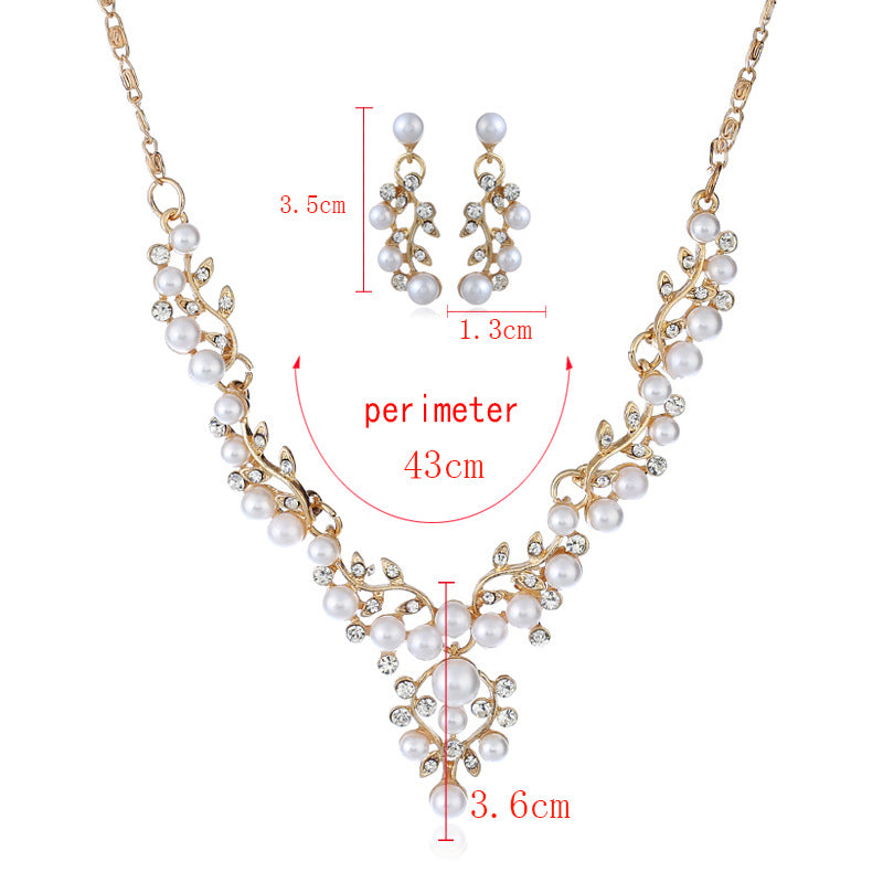 chain set sweet temperament all-match pearl diamond earrings necklace bride suit