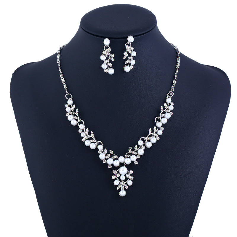 chain set sweet temperament all-match pearl diamond earrings necklace bride suit