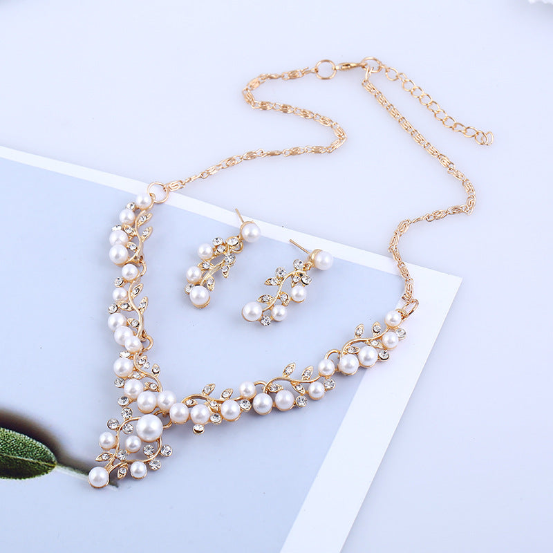 chain set sweet temperament all-match pearl diamond earrings necklace bride suit
