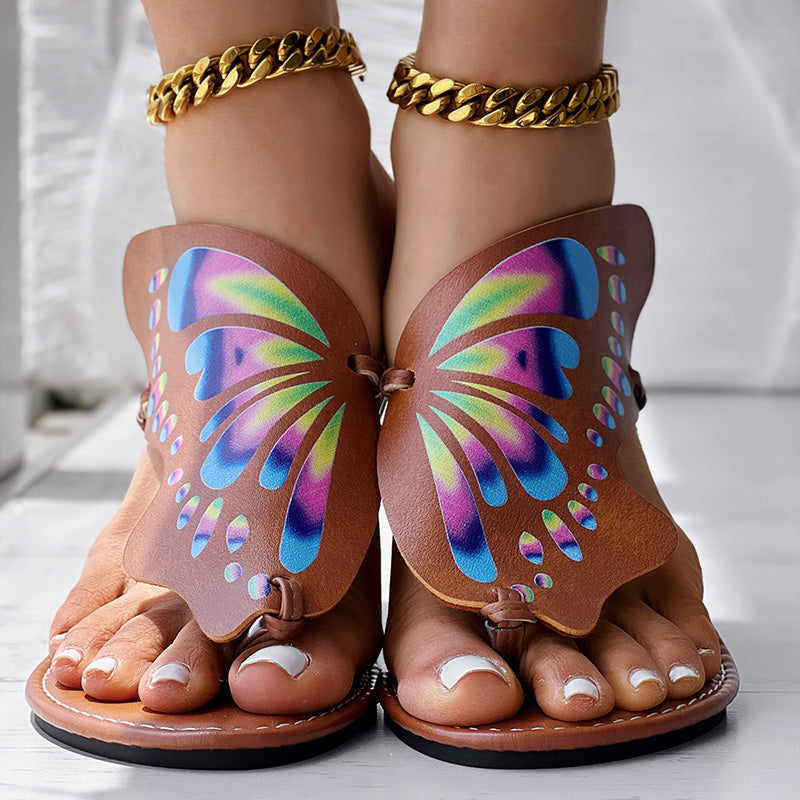 Women’s butterfly print flip flops, comfortable casual summer beach wear.