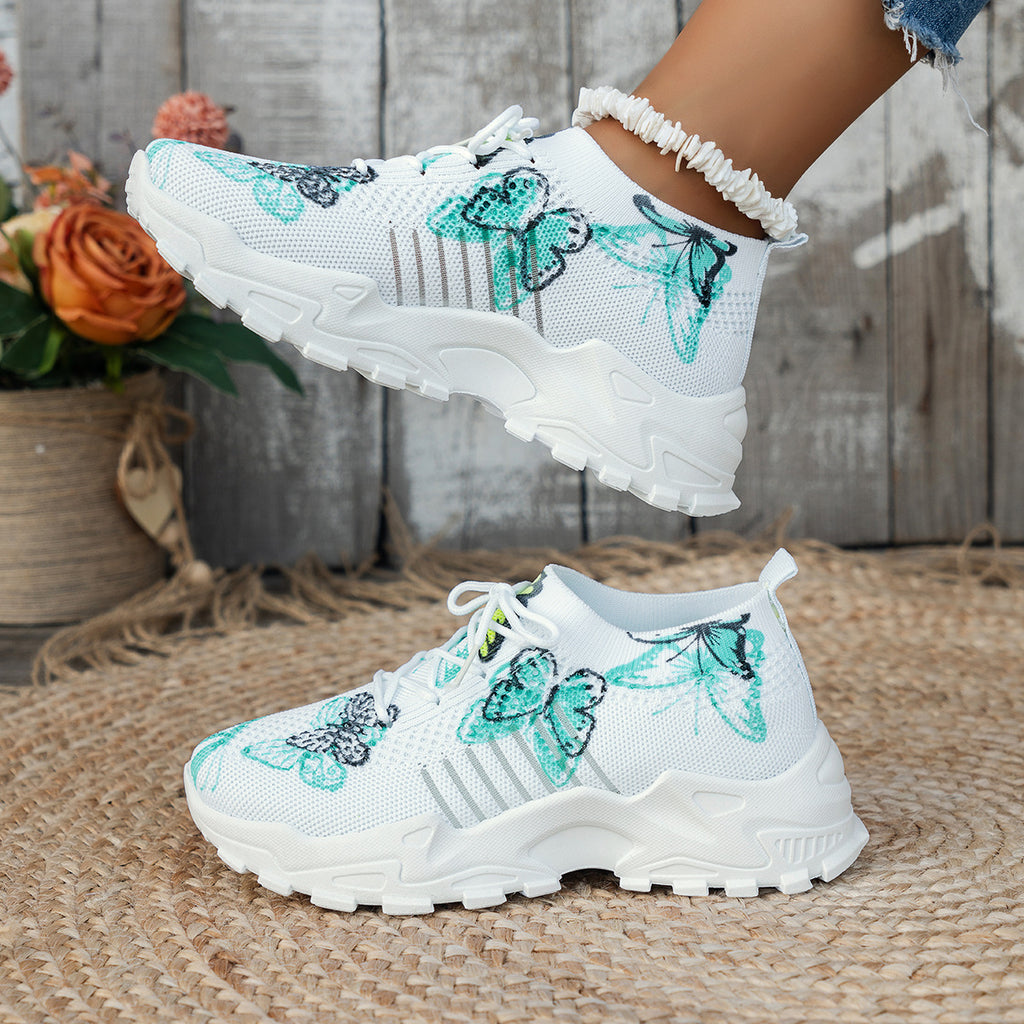 Women’s butterfly print mesh sneakers, lightweight casual running style.