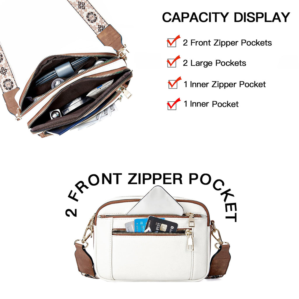 Women’s triple-zip colorblock crossbody bag with embroidered strap.