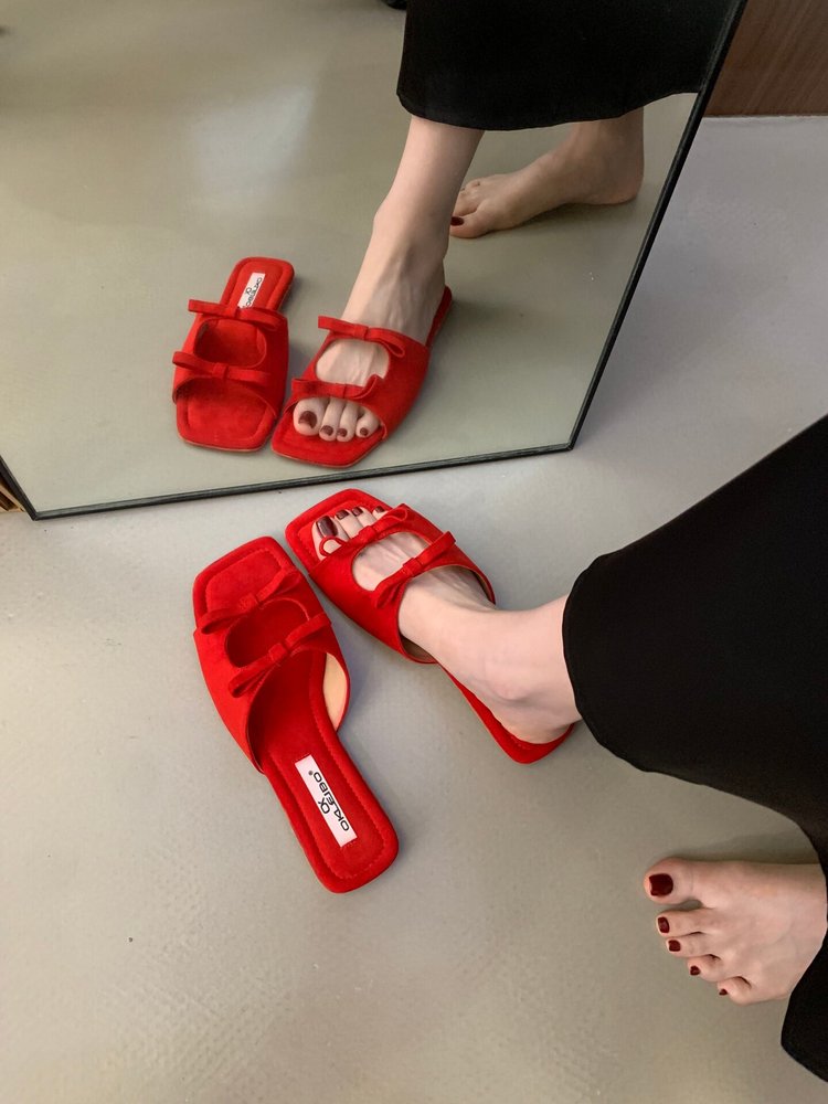 Women's Korean Bow Square-Toe Flat Slide Sandals