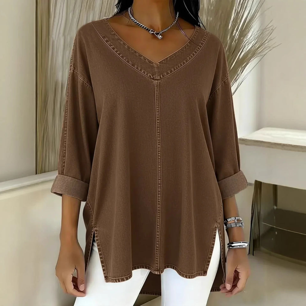 Female Solid Color Casual Street-Style Denim V-Neck Top