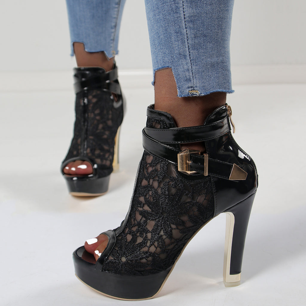 Lace-Trimmed Buckle Fish-mouth Chunky Heel Sandals Womens