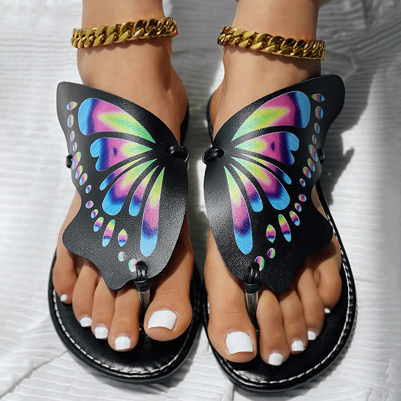 Women’s butterfly print flip flops, comfortable casual summer beach wear.