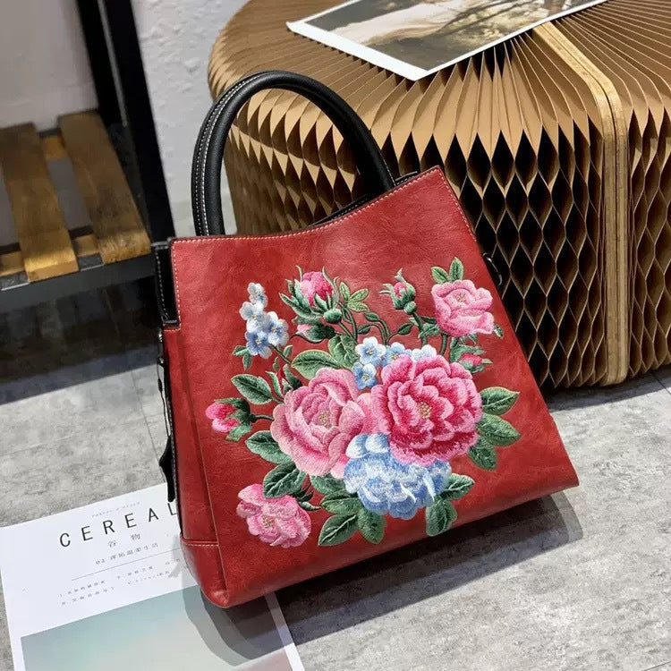 Embroidered Peony Ethnic-Style Tote Bag