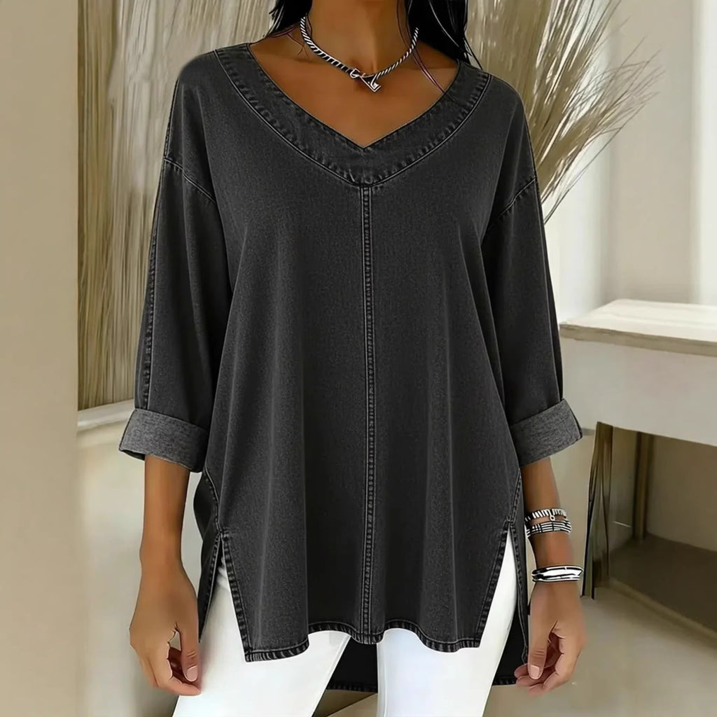 Female Solid Color Casual Street-Style Denim V-Neck Top