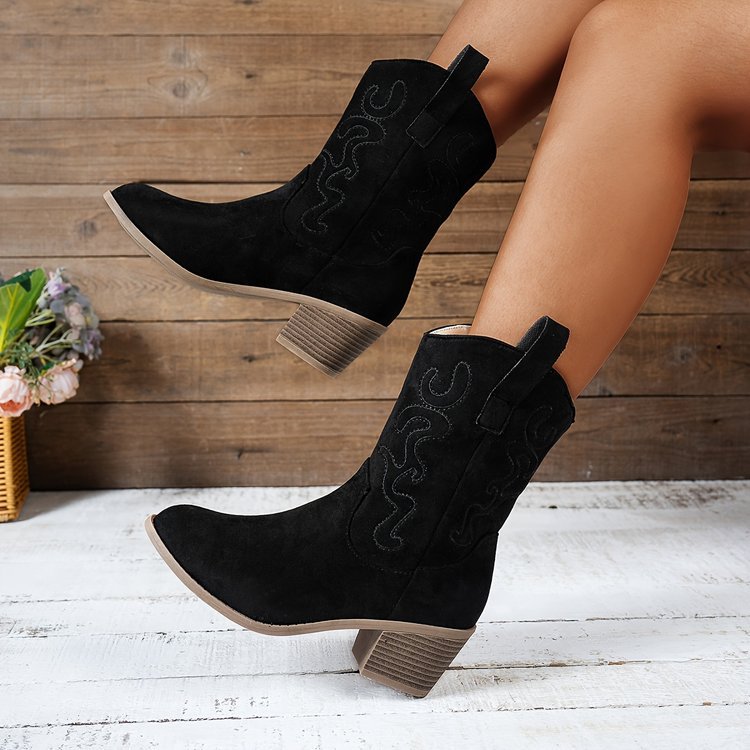 Women’s retro embroidered pointed-toe mid-calf boots with chunky heel.