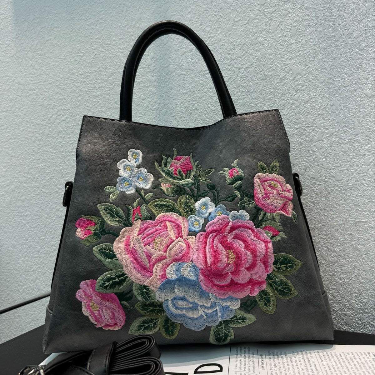 Embroidered Peony Ethnic-Style Tote Bag