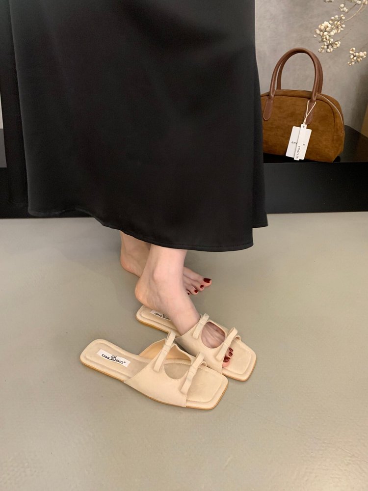 Women's Korean Bow Square-Toe Flat Slide Sandals