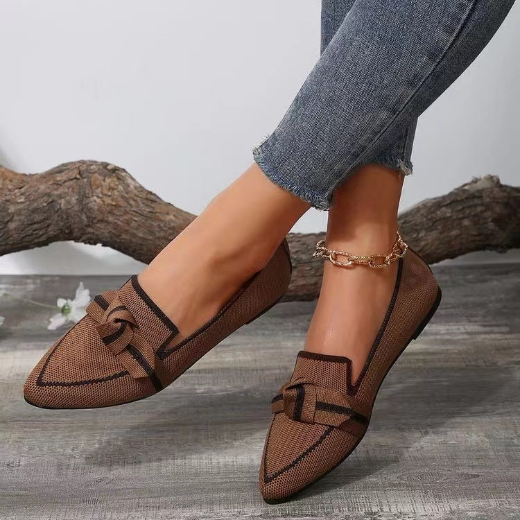 Women’s pointed-toe bow slip-on flats, breathable summer style.