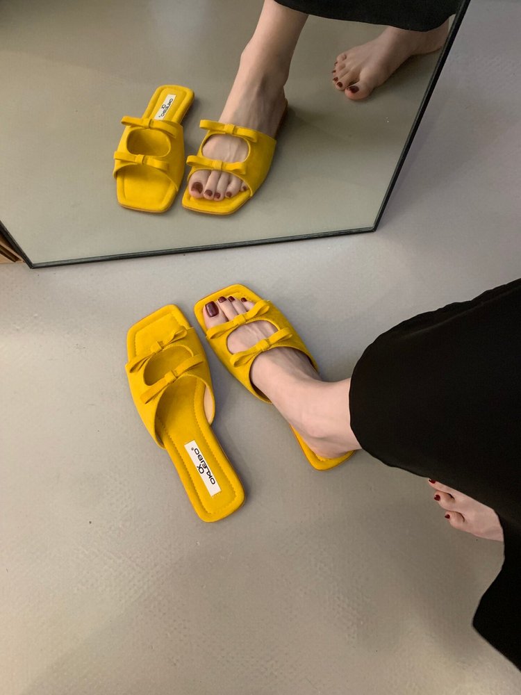 Women's Korean Bow Square-Toe Flat Slide Sandals