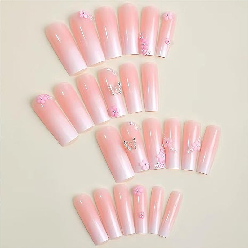24 PCS Flower Diamond Butterfly Nail Art, Long Length Long Water Pipe Fake Nails,Square Head Nail Tips False Nail
