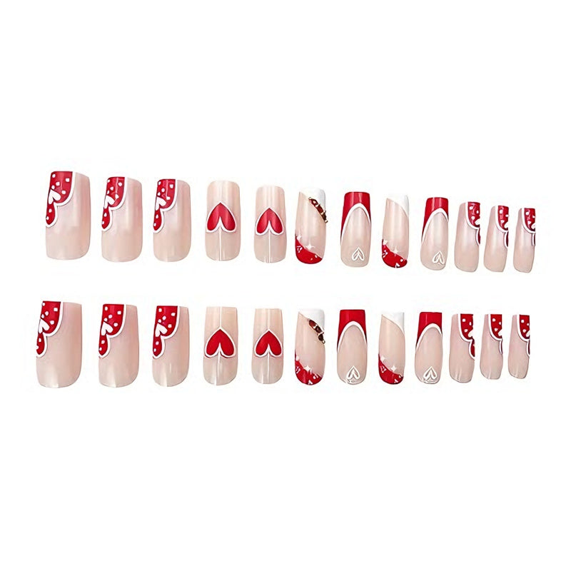 24pcs Red White Heart Nails