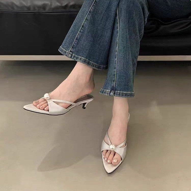 Women's Pearl Pointed-Toe High Heel Mules