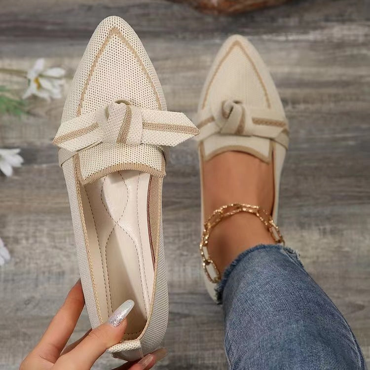 Women’s pointed-toe bow slip-on flats, breathable summer style.