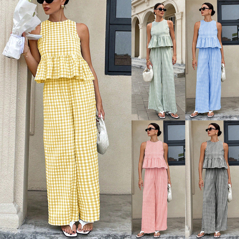 Womens Casual Crew-neck Sleeveless Top With Ruffled Hem And Straight-leg Pants