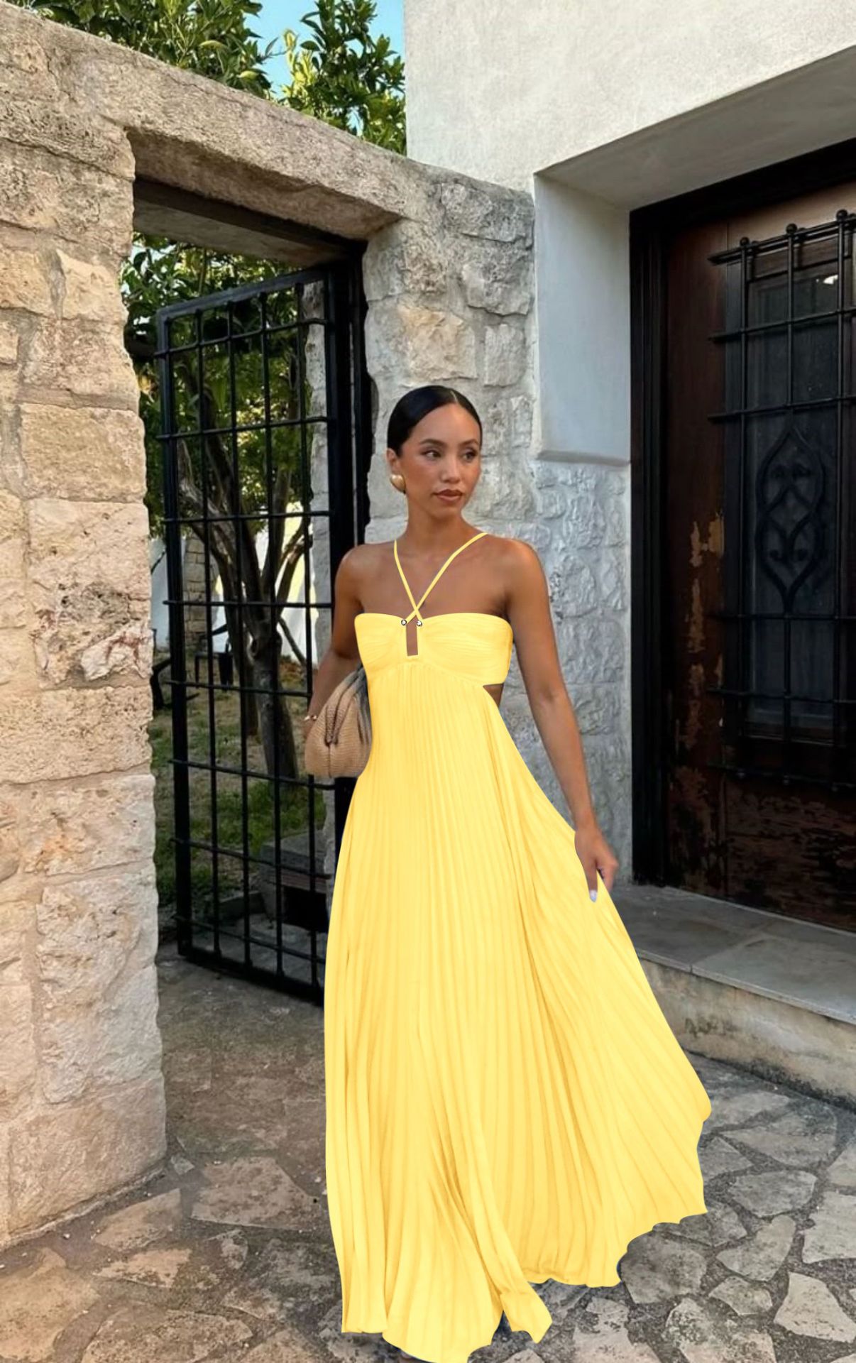 Pleated Hollow Halter Dress
