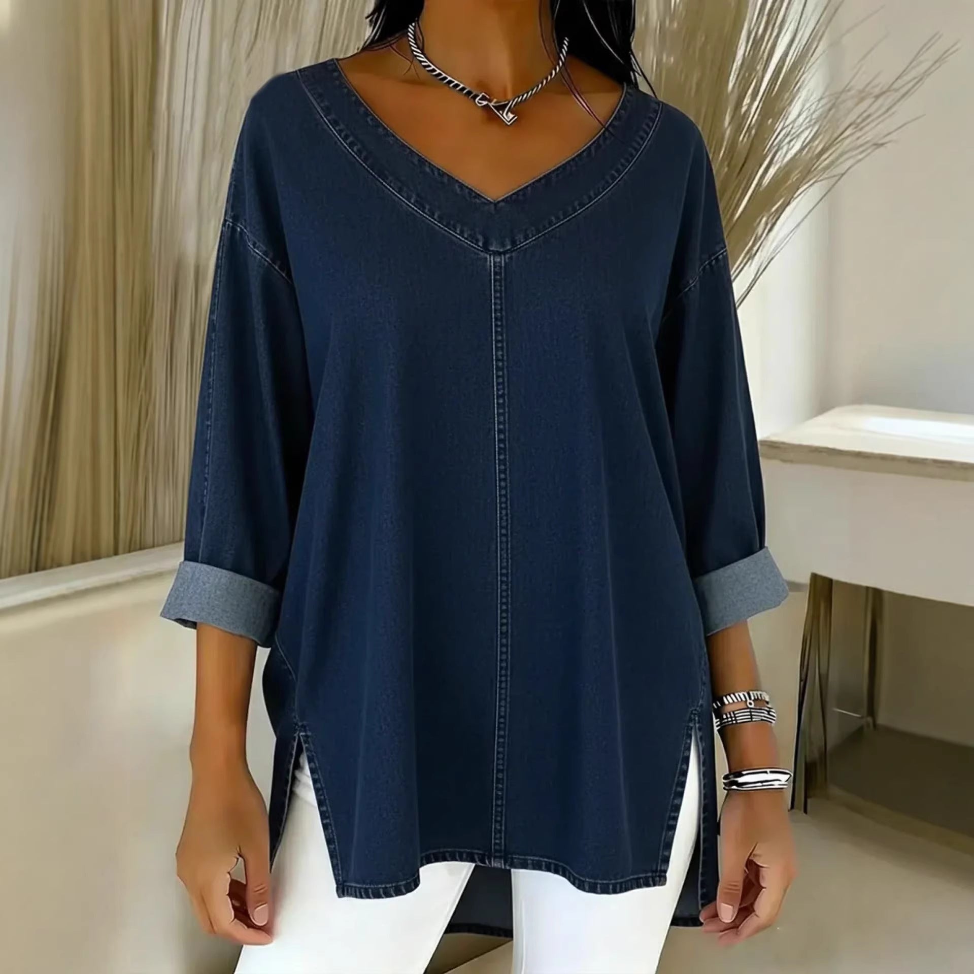 Female Solid Color Casual Street-Style Denim V-Neck Top