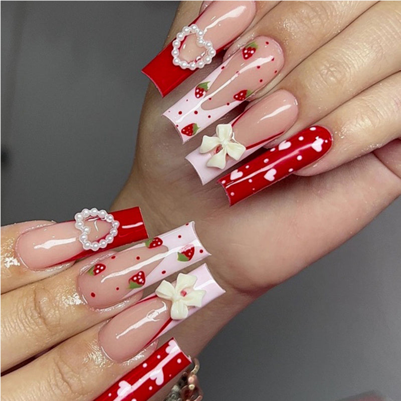 24pcs Strawberry Bow Nails