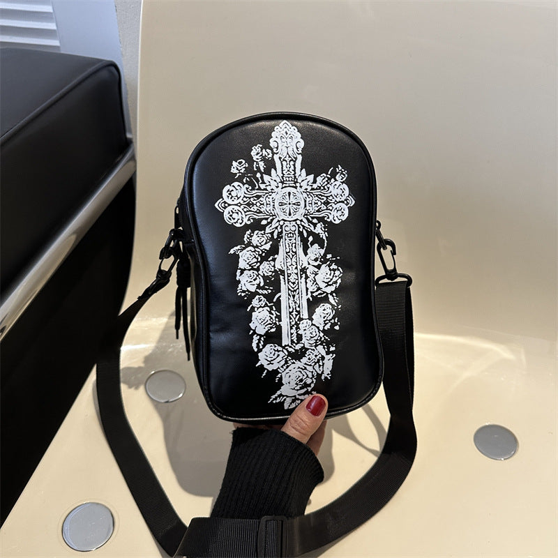 Mini Halloween cartoon crossbody bag with pumpkin, ghost, and bat print.