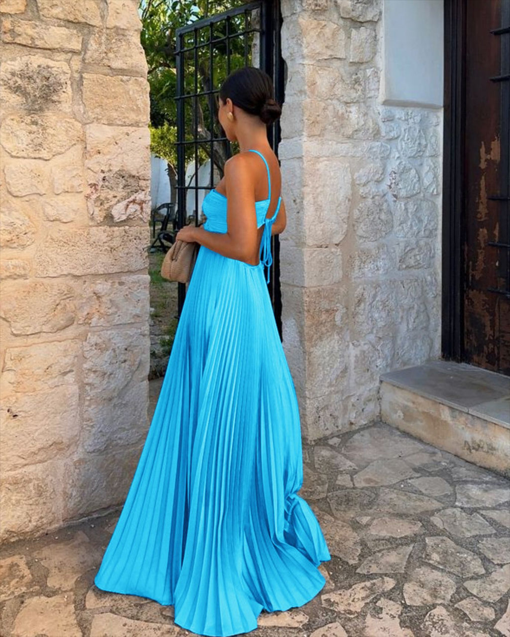 Pleated Hollow Halter Dress