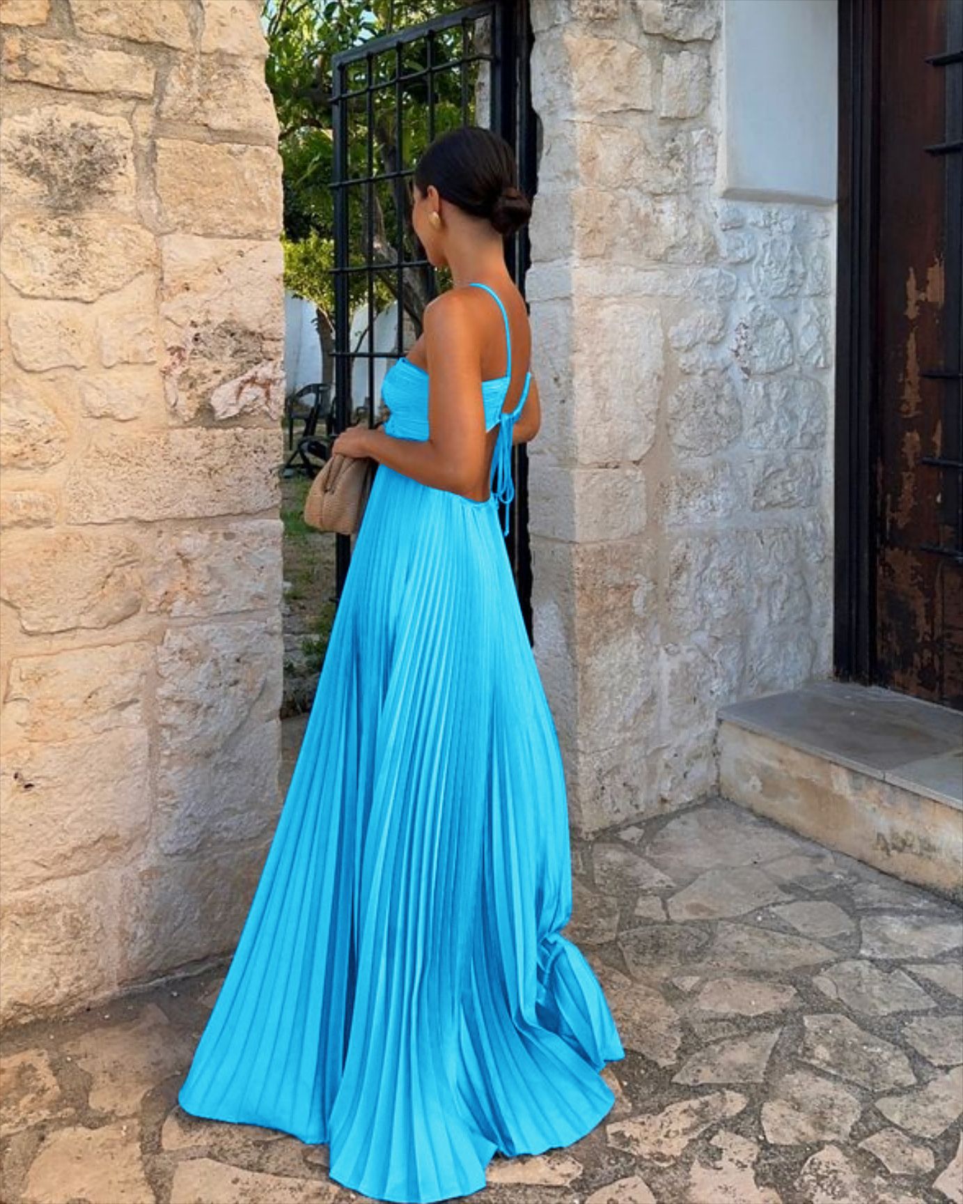 Pleated Hollow Halter Dress