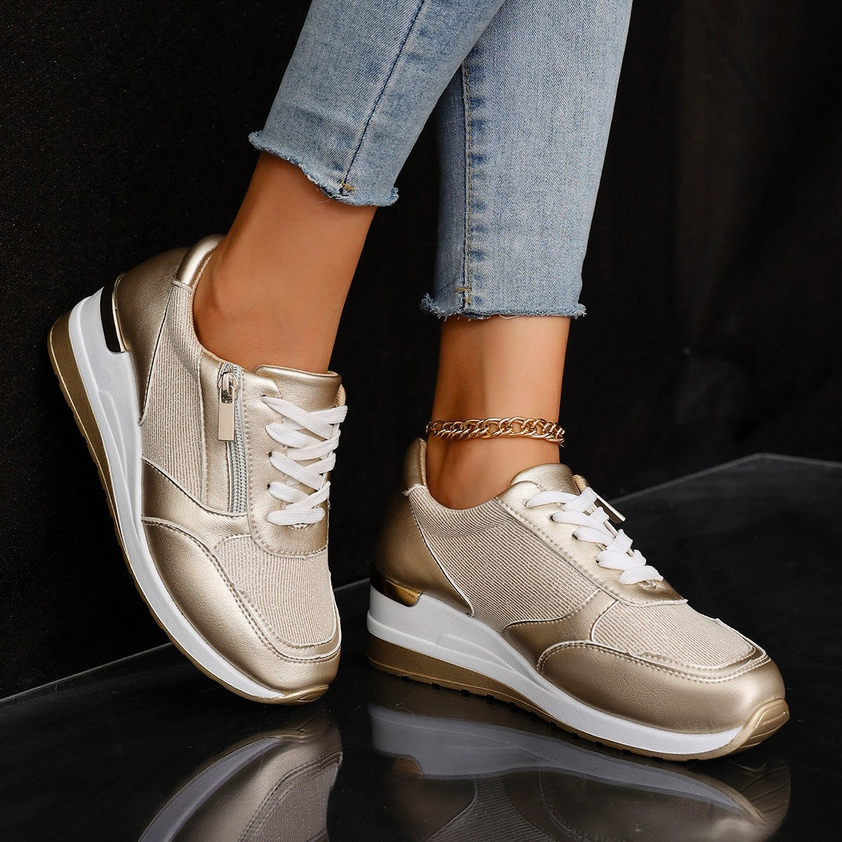 Women’s lace-up sneakers with side zipper and thick sole, casual sports style.