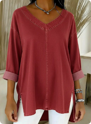 Female Solid Color Casual Street-Style Denim V-Neck Top