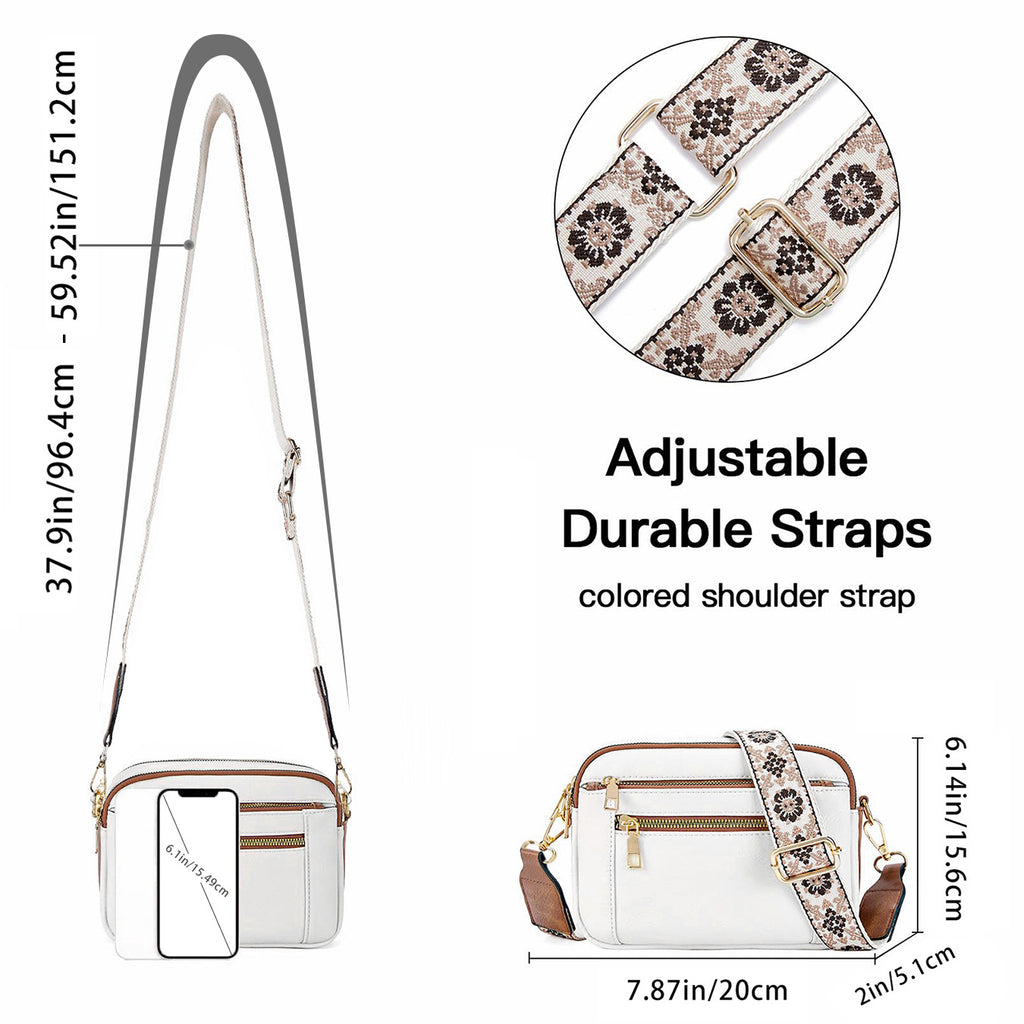 Women’s triple-zip colorblock crossbody bag with embroidered strap.