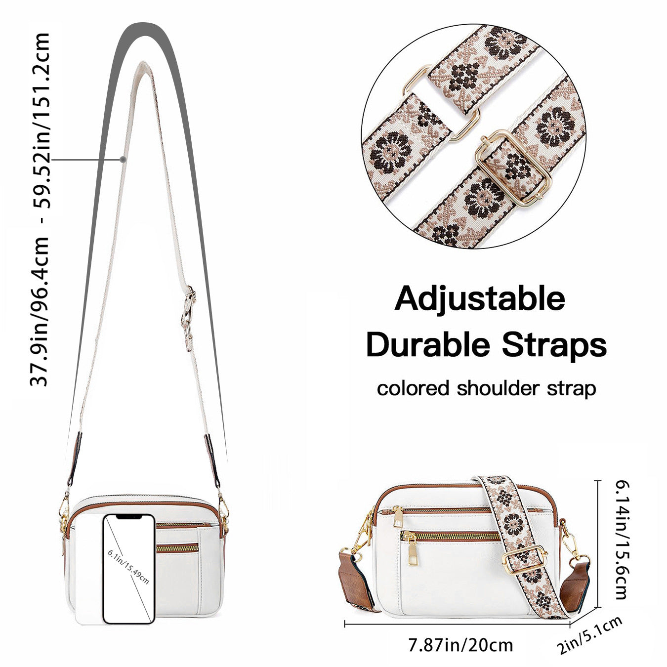 Women’s triple-zip colorblock crossbody bag with embroidered strap.
