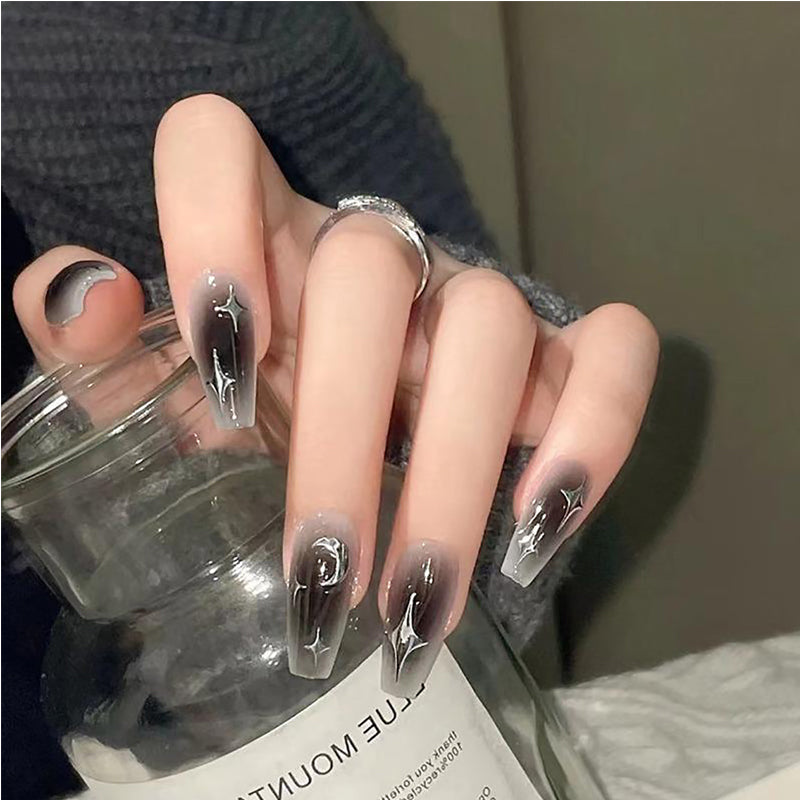 24pcs Black Silver Star Nails