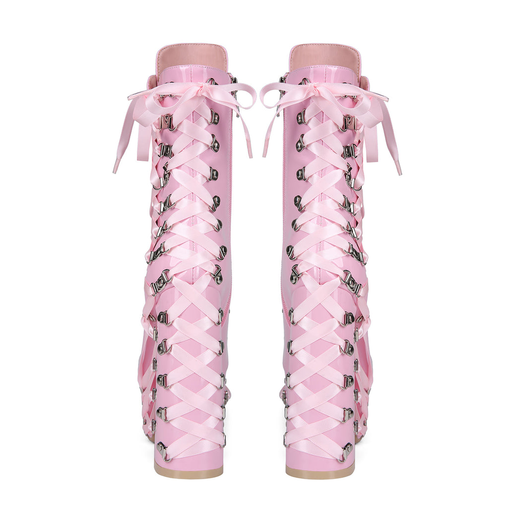 Climbing-carabiner Lace-up Punk Chunky-heeled Womens Ankle Boots